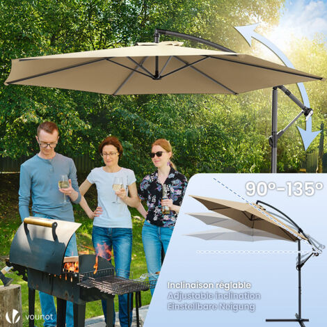 Parasol déporté inclinable 3M avec housse de protection Kaki - Rotatif 360° - Hauteur ajustable - Manivelle anti-retour