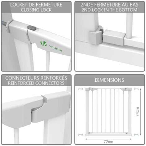 VOUNOT® Barrière de sécurité porte et escalier 75-84cm blanc - Sans perçage - Fermeture magnétique - Double verrouillage