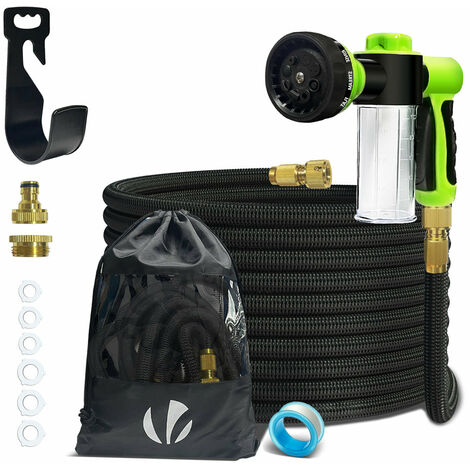 Vounot – Tuyau d'arrosage extensible renforcé 15m – 8 modes de pulvérisation – Récipient à savon et accessoires inclus – Connecteurs laiton