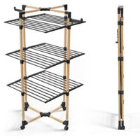 Vounot – Séchoir à linge pliable 3 niveaux – 25m de séchage – Dimensions 98x69x136 cm – Structure en métal imitation bois – 4 roulettes avec freins