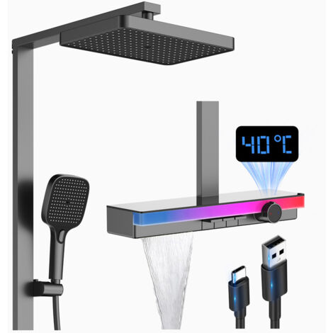 Duscharmatur Komplettset LED Temperaturanzeige Duschsystem Sensor Farblicht Duschet Regendusche Set 3 Funktional Duschgarnitur mit Regendusche, Handbrause, Wasserfall Wannenauslauf