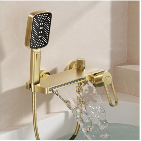 Badewannenarmatur Gold mit Handbrause, Mischbatterie Badewanne Wasserfall Armatur Wasserhahn Badewanne Heiß oder Kalt Duschamaturenset Messing Wannenarmatur mit Brause