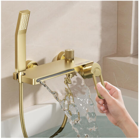 Badewannenarmatur Gold mit Handbrause, Mischbatterie Badewanne Wasserfall Armatur Wasserhahn Badewanne Heiß oder Kalt Duschamaturenset Messing Wannenarmatur mit Brause
