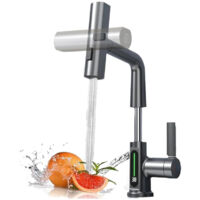 Wasserhahn Bad/Küche mit Ausziehbar Brause, LED Temperaturanzeige Waschtischarmatur Badezimmer mit 3 Modus Schwenkbarer Auslauf Einhebelmischer Wasch, Grau