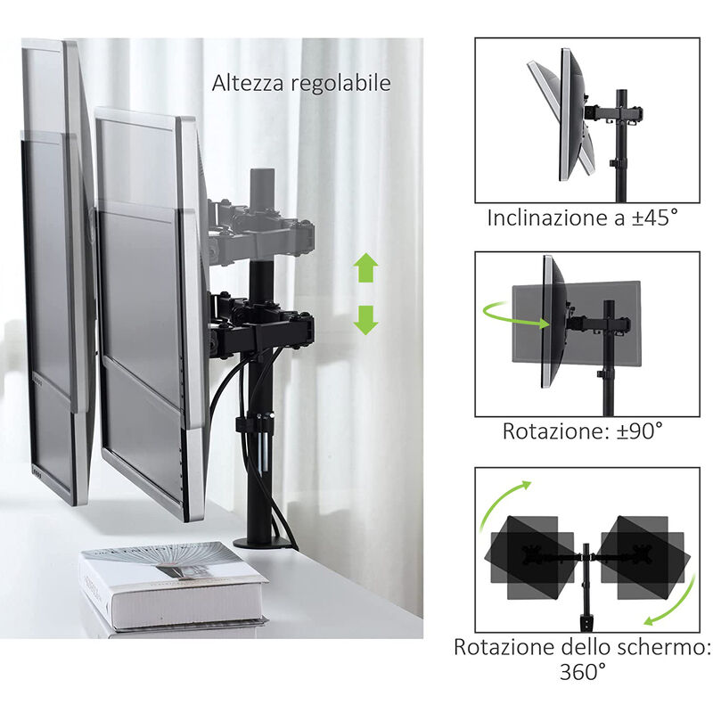 TECHLY Supporto da Scrivania per 2 Monitor 13-27'' Diametro 48 mm ad  Altezza Regolabile con Morsetto a C Nero