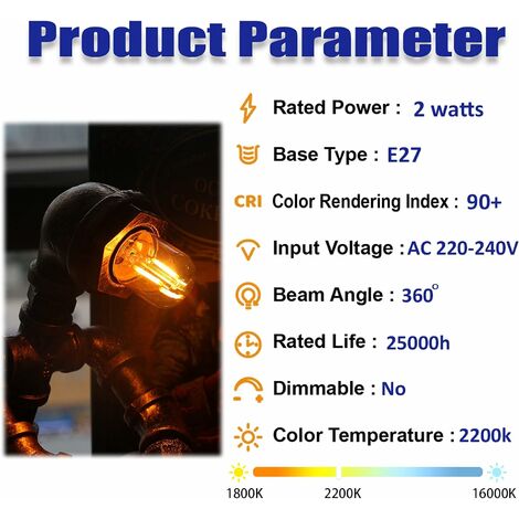 Mini ampoule LED tubulaire, 1W T28 Edison Ampoule à filament LED E27 Base à  vis 2200K