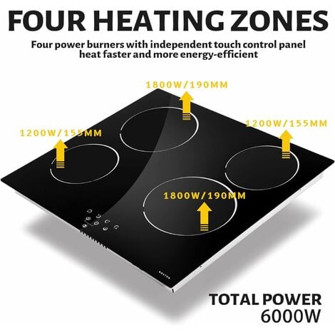 Noxton Ceramic Cooktop, Built-in 4 Burners Electric Stove Electric Cooker Hob with Touch Control Child Lock Timer Easy to Clean with Hard Wire 6000W