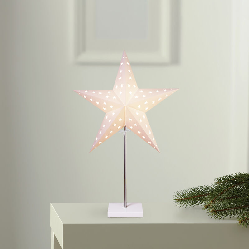 Star Trading Tischlampe Weihnachtsstern Leo von Star Trading, 3D  Papierstern Weihnachten in Weiß mit Fuß aus Holz und Metall, Dekostern  Tischleuchte mit Kabelschalter, E14, Höhe: 65 cm