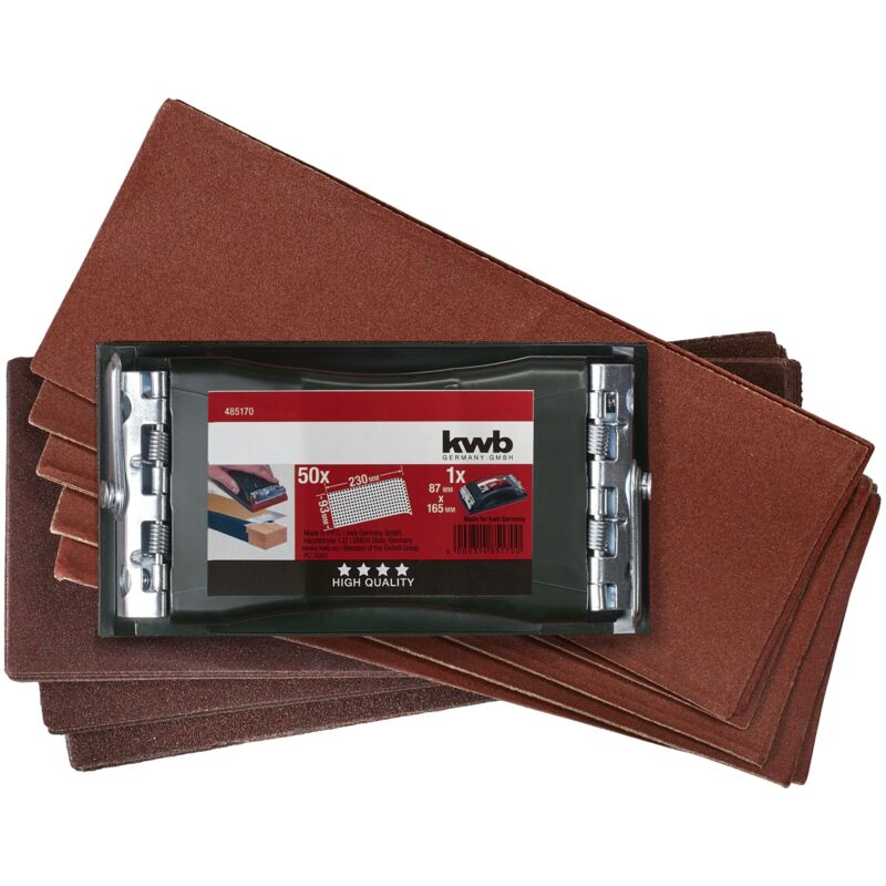 kwb Handschleifer-Set, 2-teilig inkl. Schleifklotz mit Klemmvorichtung und Schleif-Papier / Schleifstreifen 93 x 230 mm (50 Stk.)