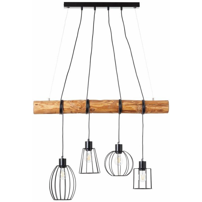 BRILLIANT Lampe, Keyla Pendelleuchte 4flg schwarz/holzfarbend, 4x A60, E27,  25W, Holz aus nachhaltiger Waldwirtschaft (FSC)