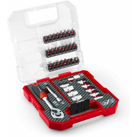 Einhell L-CASE 37-tlg. Bit- und Ratschen-Set – 25-mm-Bits, Schnellwechselbithalter, Stecknüsse 4-13mm, 72-Zähne-Umschaltknarre – Aufbewahrungsbox (1/5)