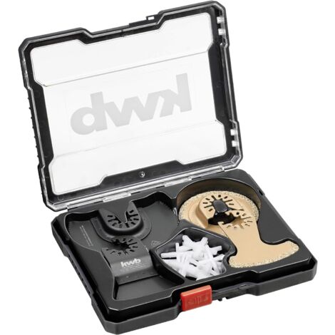 kwb Multitool-Zubehör im 22-teiligen Set, Sägeblatt Ø 87 mm, Finger-Form, HM-bestreute Fugen-Raspel halbrund, Schaber hart, 52 mm breit inkl. Fliesenkreuze