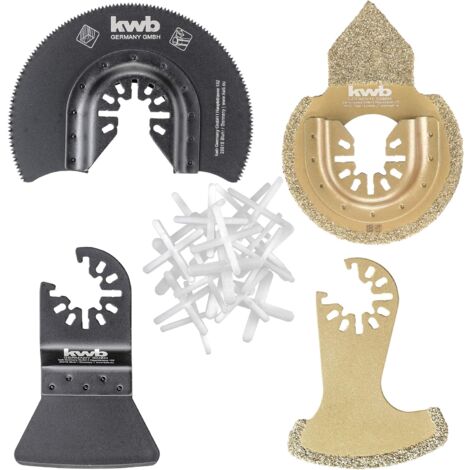 kwb Multitool-Zubehör im 22-teiligen Set, Sägeblatt Ø 87 mm, Finger-Form, HM-bestreute Fugen-Raspel halbrund, Schaber hart, 52 mm breit inkl. Fliesenkreuze