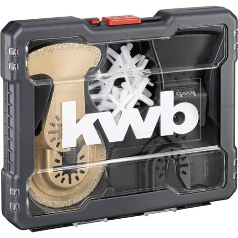 kwb Multitool-Zubehör im 22-teiligen Set, Sägeblatt Ø 87 mm, Finger-Form, HM-bestreute Fugen-Raspel halbrund, Schaber hart, 52 mm breit inkl. Fliesenkreuze