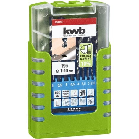 kwb Universeller 19-teiliger Akku-Top Metallbohrer-Satz HI-NOX, HSS - Bohrer-Set, Ø 1 mm - 10 mm in 0,5 mm schritten