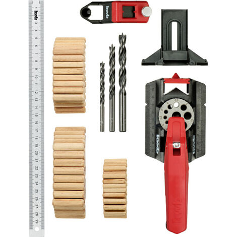 kwb Dübelhilfe/Dübellehre Set inkl. je 50 Dübel und 1 Bohrer 6, 8, 10 mm mit 30 cm, 3-12 mm Bohrlöcher inkl. Kernlochmaßen, Gerade Bohren in Holz, Metall, 153-teilig, Set mit Bohrern und Dübeln