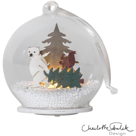 LED-Glaskugel ,Forest Friends', mit Aufhängung, Tiermotive aus Holz, Eisbär