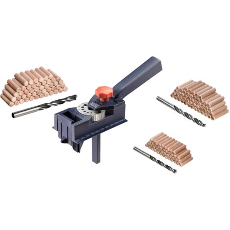 kwb Dübelprofi / Dübellehre, Komplett-Set inkl. CV Holzbohrer und Holz-Dübel, Universal-Bohrhilfe für gerade Bohrungen von Ø 3 3.3, 4 4.2, 5 6 6.8, 8 10 12 mm