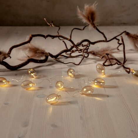 Filigrane Lichterkette ,Shimmer' aus Glas, 10 LED Glasanhänger, Batterien + Timer, beige, L 135cm
