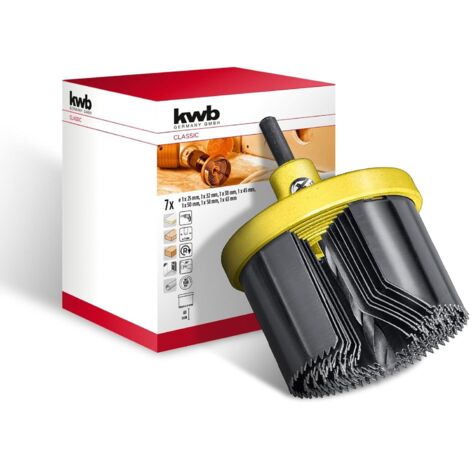 kwb 7-tlg. Mehrkranzlochsäge Ø 25, 32, 38, 45, 50, 58 und 63 mm mit Zentrierbohrer, guter Schnittleistung, 40 mm Schnitttiefe, Rundschaft und schwerem Aludruckguss-Trägerteller (1/5)