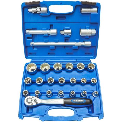 SW-Stahl 07624L Steckschlüsselsatz 1/2 Zoll 27-teilig I Ratschenkasten I Knarrenkasten I Nusskasten I Stecknüsse sechskant aus Chrom Vanadium Stahl (1/2)