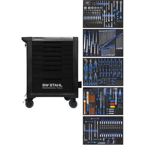 SW-Stahl Z3111 Profi Werkstattwagen TT801 schwarz I 8 Schubladen I 5 Schubladen gefüllt I 341 teilig I Werkstatt Rollwagen mit Werkzeug bestückt I Twin-Lock I Werkstattwagen kit I voll ausgestattet (1/5)