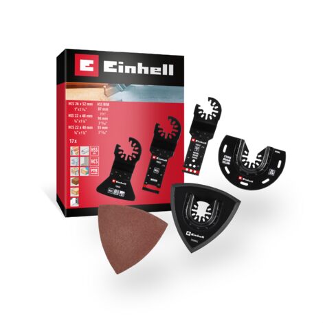 Original Einhell Multitool Set 17-tlg. (BIM/HCS Sägeblätter, Schaber, Trägerplatte, Schleifdreiecke, PTFE-Beschichtung, Open-Back-Aufnahme) (1/5)