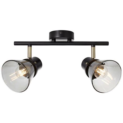 BRILLIANT Lampe Ronald Spotrohr 2flg schwarz/antik messing/Rauchglas 2x  D45, E14, 25W, geeignet für Tropfenlampen (