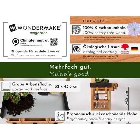 WONDERMAKE® Großer Pflanztisch aus Kirschbaum Holz mit Schubladen