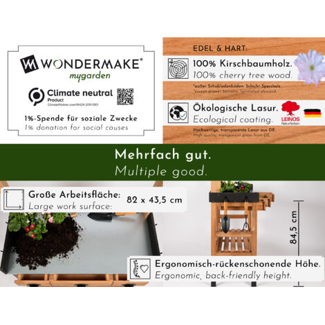WONDERMAKE® Großer Pflanztisch aus Kirschbaum Holz mit Schubladen