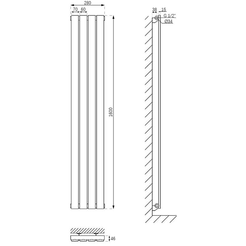 Hudson Reed Delta Radiatore Termoarredo di Design Verticale Moderno -  Termosifone con Finitura In Antracite - Pannelli Piatti - 1600 x 280mm -  586 Watt - Riscaldamento ad Acqua Calda