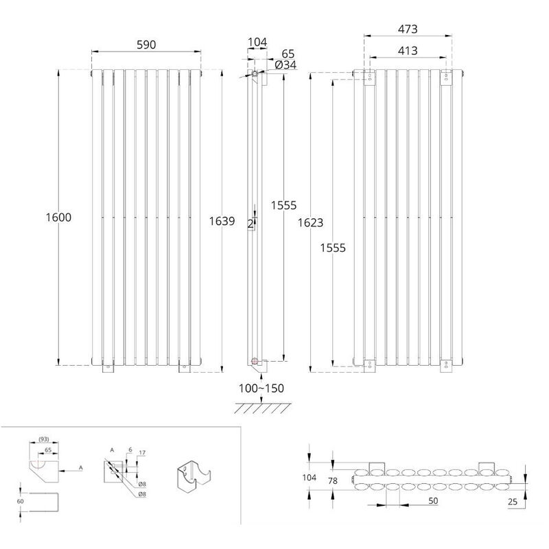 Hudson Reed Revive Radiatore Termoarredo di Design Verticale Moderno - Termosifone  con Finitura Bianca - Design a Colonna - 1600 x 590 x 78mm - 2047W - Riscaldamento  ad Acqua Calda