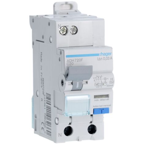 Hager – Disjoncteur différentiel 1P+N 3kA C-20A 30mA HI – Protection installations électriques – ADH720F - DD 1 P