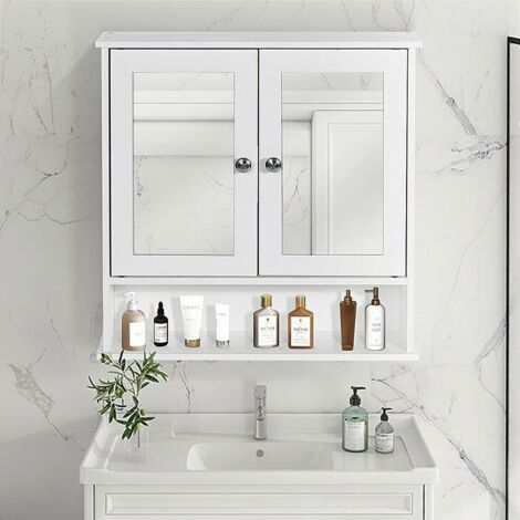 thumbnail interactive-video image 1 of Modern 2-Door Mirrored Bathroom Wall Cabinet – MDF, Stainless Steel Handles, Wall Mounted 1 of 4
