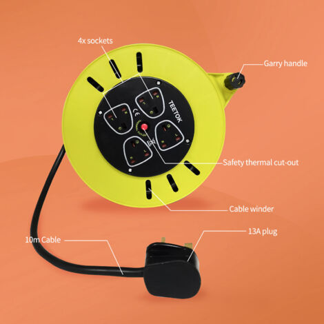 Cable reels,10M Heavy Duty 4Way Gang Socket Extension Cable Reel Electric Lead 13A Garden Outdoor Power Strips