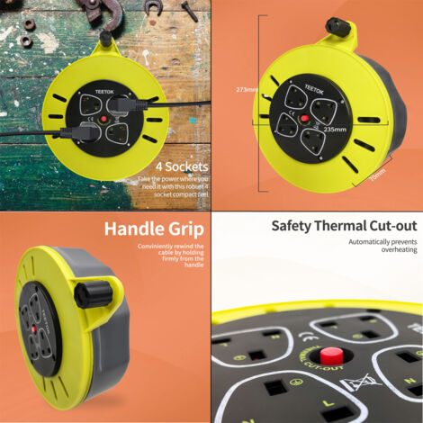 Cable reels,10 M 4 Socket Open Cable Reel Extension Lead Garden Outdoor with Winding Handle 13A 4 Socket Thermal Out and Power Switch High Visibility Cable