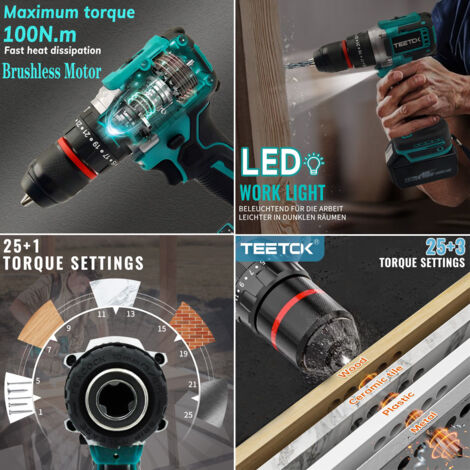 Drills and combi drills,Cordless Brushless Hammer Drill Driver Screwdrivers,2Speed,Electric Hand Drill 25+1,With Drill Bits (Body Only,Not Included Battery），Compatible with Makita Battery