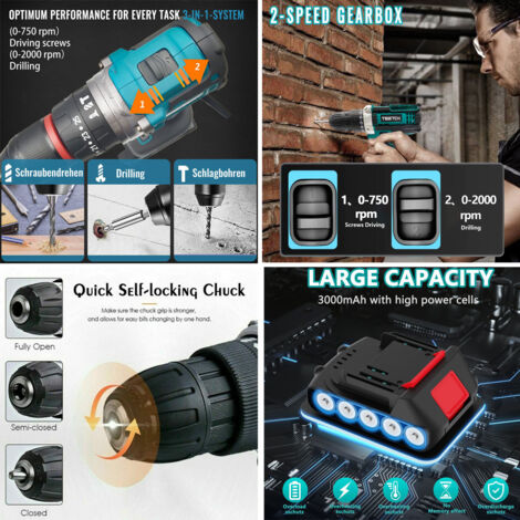 Drills and combi drills,Cordless Brushless Hammer Drill Driver Screwdrivers,2Speed,Electric Hand Drill 25+1,With Drill Bits (Body Only,Not Included Battery），Compatible with Makita Battery