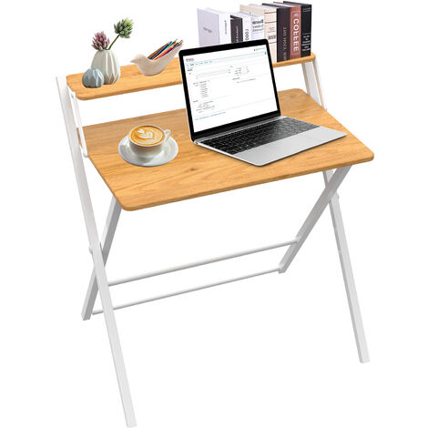 Computer desks Folding Desk No Assembly Required Small Size Computer Desk with 2 Tier Shelf Laptop Foldable Table for Small Spaces Beige