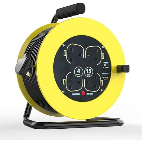 Cable reels,Long Extension Cable Lead 15m, 4 Socket Easy-Wind Reel 13A Extension Cable with Thermal Safety Cut-Out Hi-Visibility Cable, Bright Yellow Cable
