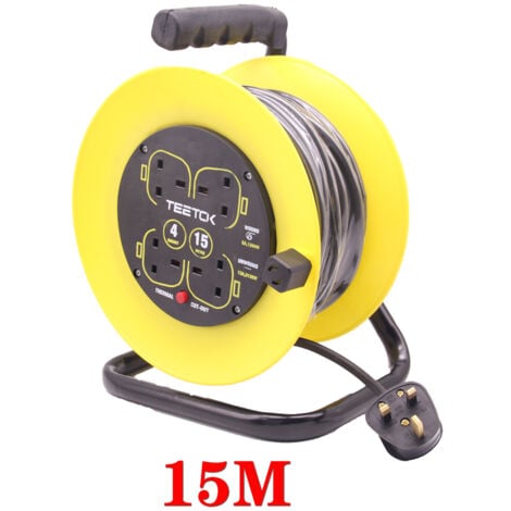 Extension cords,Four Socket Open Cable Reel Extension Lead with Winding Handle, Thermal Cut Out and Power Switch, 15 Metres High Visibility Cable, Yellow