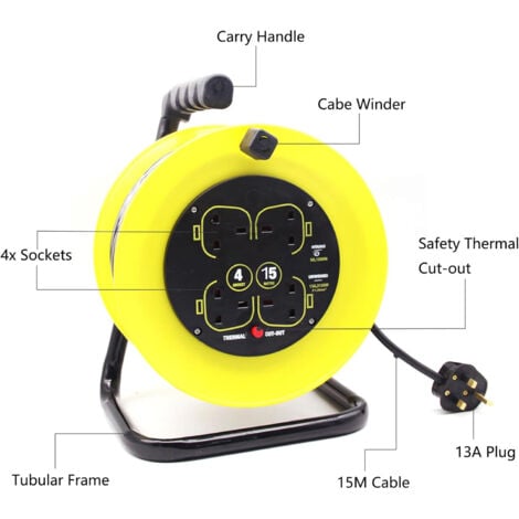 Extension cords,Four Socket Open Cable Reel Extension Lead with Winding Handle, Thermal Cut Out and Power Switch, 15 Metres High Visibility Cable, Yellow