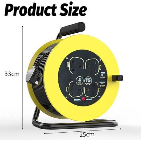 Extension cords,Four Socket Open Cable Reel Extension Lead with Winding Handle, Thermal Cut Out and Power Switch, 15 Metres High Visibility Cable, Yellow
