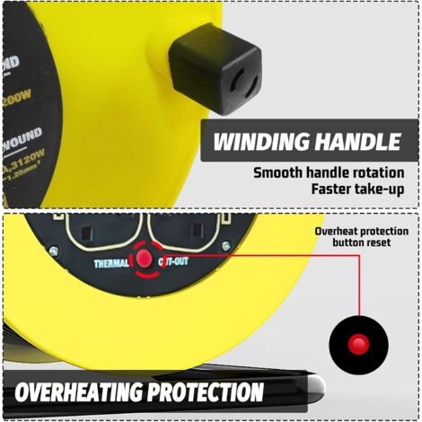 Extension cords,Four Socket Open Cable Reel Extension Lead with Winding Handle, Thermal Cut Out and Power Switch, 15 Metres High Visibility Cable, Yellow