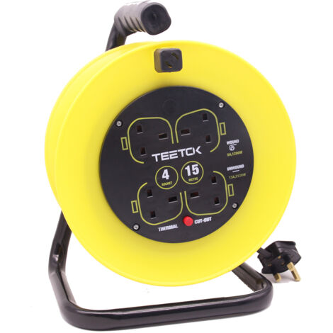 Extension leads,15 Metres Heavy Duty 4 Gang Extension cords 13A Cable Reel with Winding Handle，Safety Cut-Out ，Indoor & Outdoor switches and sockets (1/5)
