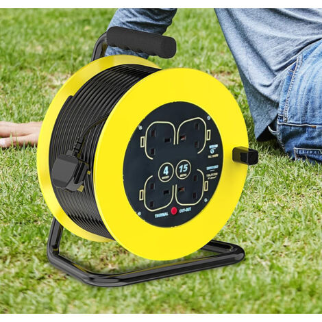 Extension leads, 13A Electrical Extension Reel, 4 Sockets Cable Reel with Winding Handle ,Thermal Cut Out, Heavy-Duty Extension Lead with 15 Metre Extension Cord - Yellow
