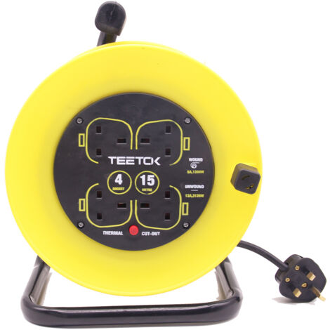 Outdoor switches and sockets, 13A Electrical Extension Reel, 4 Sockets Cable Reel with Winding Handle 1200W/3120W Thermal Cut Out, Heavy-Duty Extension Lead with 15 Metre Extension Cord - Yellow