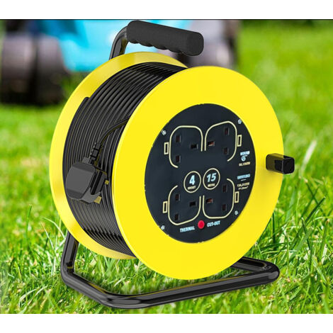 Extension cords,Extension Lead 15m Heavy Duty Cable Reel, 4 Socket Cord Reel UK Plug Socket with Thermal Cut-Out Protection 13A Fused Plug