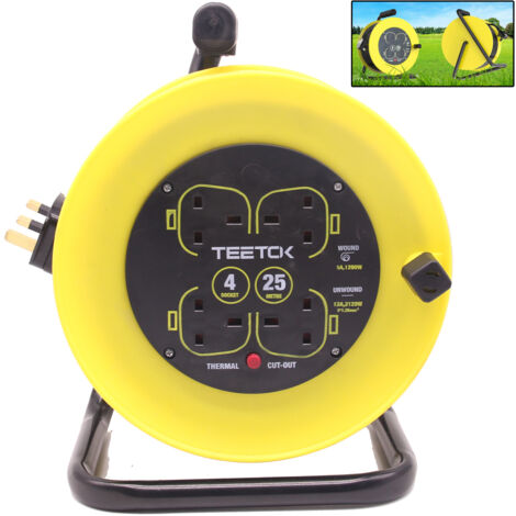Outdoor switches and sockets, 13A Electrical Extension Reel, 4 Sockets Cable Reel with Winding Handle 1200W/3120W Thermal Cut Out, Heavy-Duty Extension Lead with 25 Metre Extension Cord - Yellow
