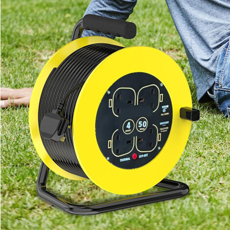 Extension leads,50 Metres Heavy Duty 4 Gang Extension cords 13A Cable Reel with Winding Handle,Safety Cut-Out ,Indoor & Outdoor switches and sockets